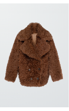 Двостороння кудрява дублянка коричневого кольору із натуральної овчини в стилі OVERSIZE - фото 1