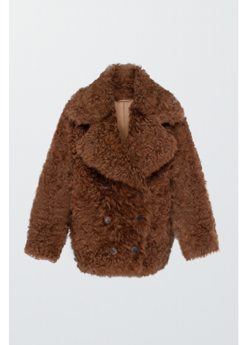 Двостороння кудрява дублянка коричневого кольору із натуральної овчини в стилі OVERSIZE - фото 1