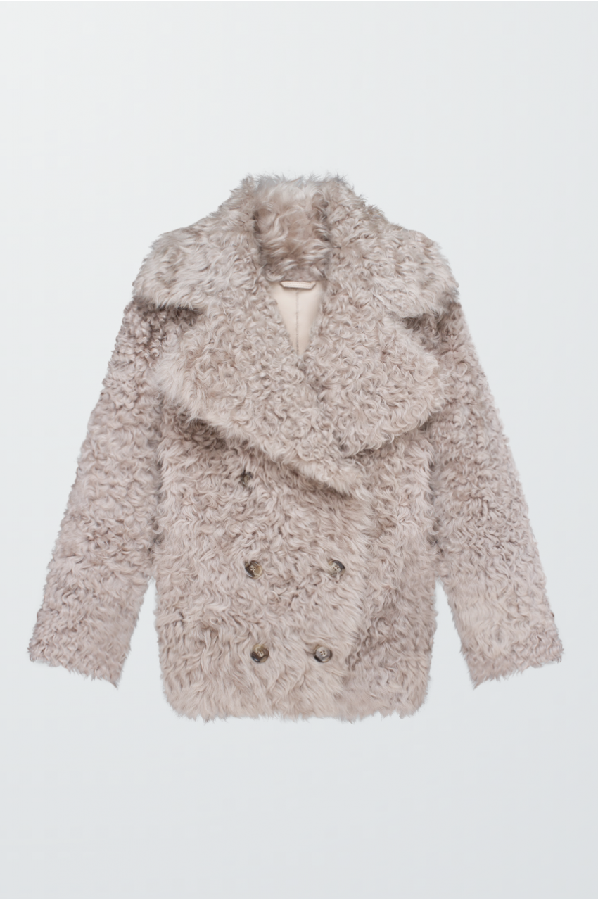 Двостороння кудрява дублянка сірого кольору із натуральної овчини в стилі OVERSIZE - фото 0