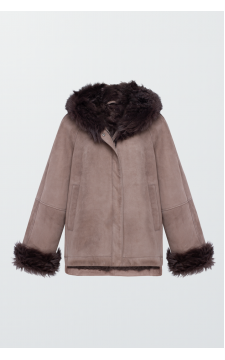 Замшева дублянка темно-бежевого кольору з капюшоном - фото 1