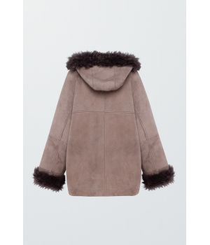 Замшева дублянка темно-бежевого кольору з капюшоном - фото 0