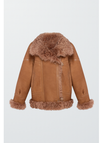 Замшева двостороння дублянка коричневого кольору із натуральної овчини - фото 1