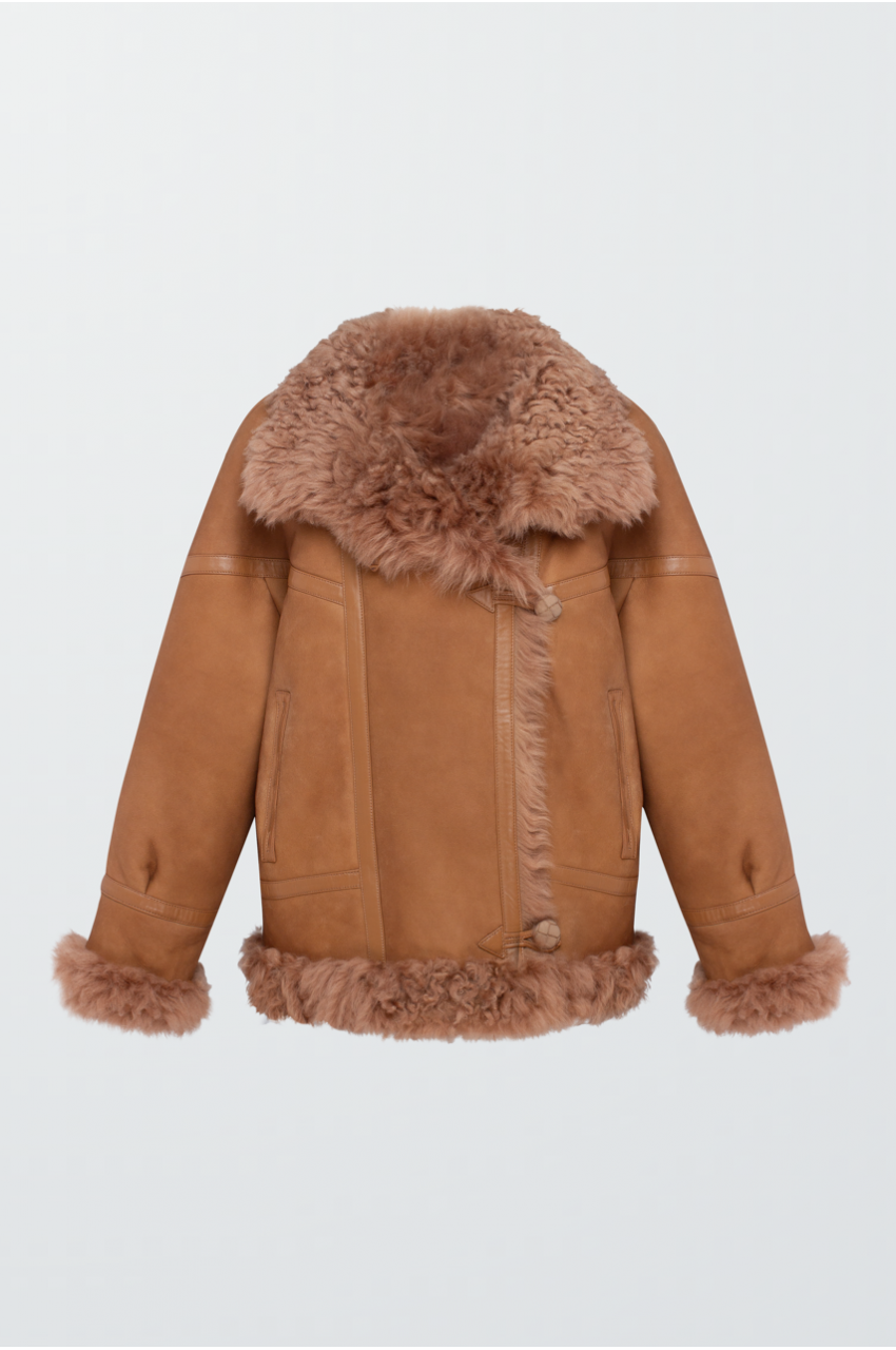 Замшева двостороння дублянка коричневого кольору із натуральної овчини - фото 0