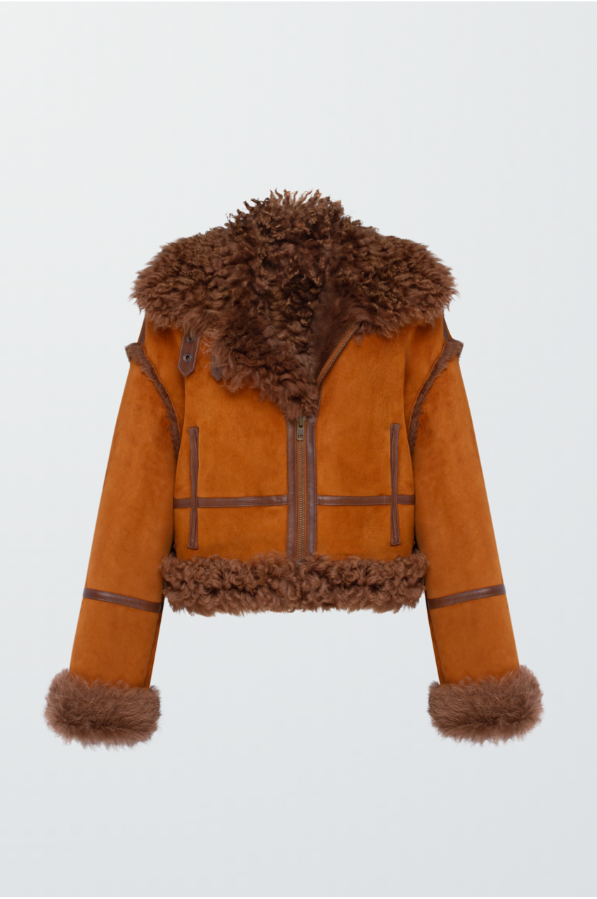 Коротка замшева дублянка теракотового кольору - фото 0