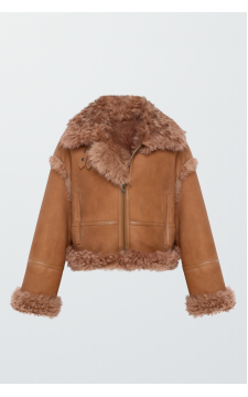 Короткая замшевая дубленка коричневого цвета - фото 1