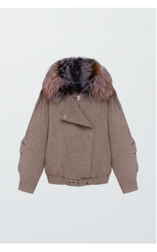 Пальто коричневого кольору з хутром лисиці - фото 1