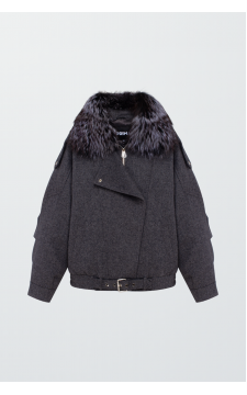 Пальто темно-серого цвета с мехом лисы - фото 1