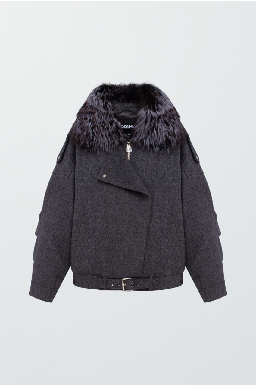 Пальто темно-сірого кольору з хутром лисиці - фото 0