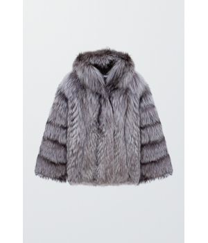Жіноча шуба сірого кольору із лисиці чорнобурки - фото 0