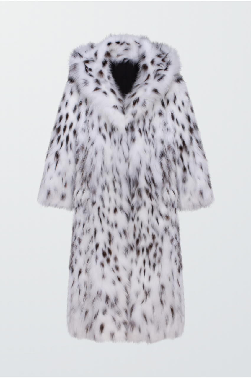 Довга шуба з канадської лисиці білого кольору з капюшоном - фото 0