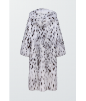 Довга шуба з канадської лисиці білого кольору з капюшоном - фото 0