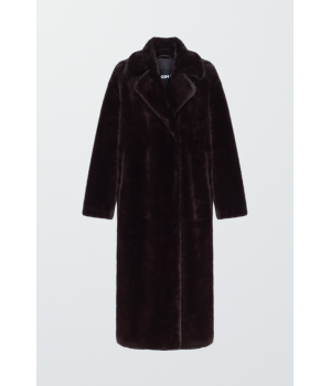 Довге пальто шоколадного кольору з ЕКО хутра норки - фото 1