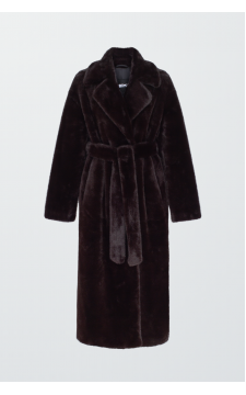 Довге пальто шоколадного кольору з ЕКО хутра норки - фото 1