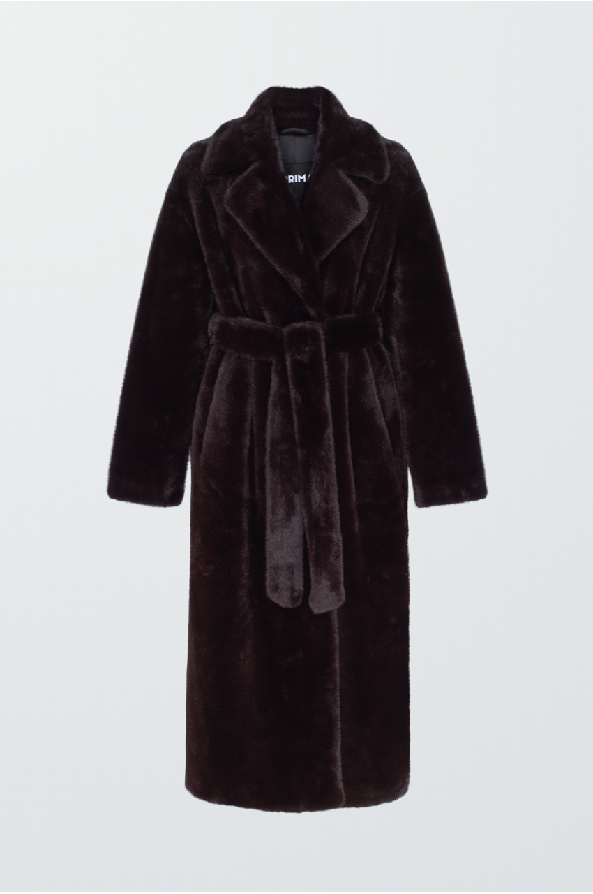 Довге пальто шоколадного кольору з ЕКО хутра норки - фото 0