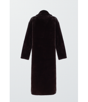 Довге пальто шоколадного кольору з ЕКО хутра норки - фото 0