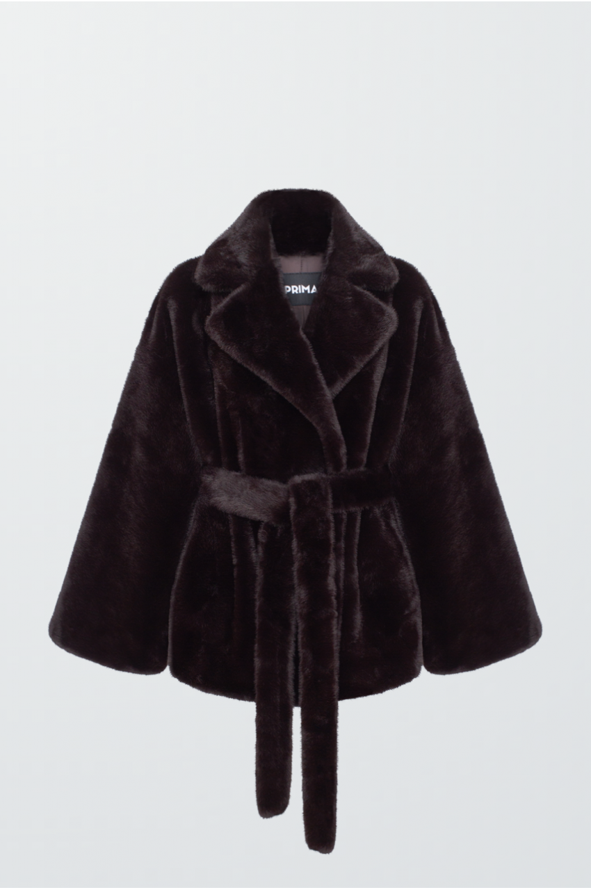 Пальто шоколадного кольору з ЕКО хутра норки - фото 0