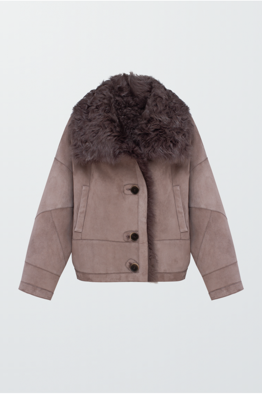 Жіноча замшева дублянка сірого кольору - фото 0