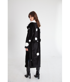 Довга дублянка із натуральної овчини чорного кольору з принтом горох - фото 6