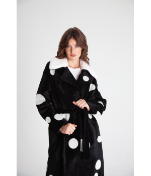 Довга дублянка із натуральної овчини чорного кольору з принтом горох - фото 7