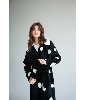 Довга дублянка із натуральної овчини чорного кольору з принтом горох - фото 9