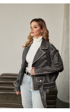 Женская стильная куртка-косуха серого цвета в стиле ВИНТАЖ из натуральной кожи - фото 1