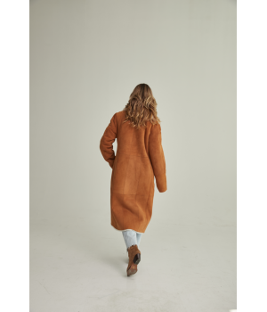 Довга жіноча замшева дублянка рудого кольору у стилі ВІНТАЖ з натуральної овчини - фото 5