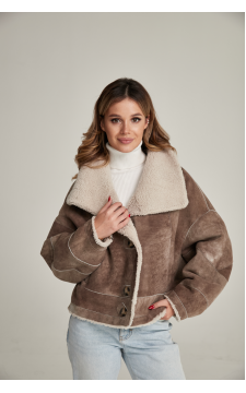 Женская короткая дублёнка-пиджак коричневого цвета из натуральной овчины в стиле ВИНТАЖ - фото 1